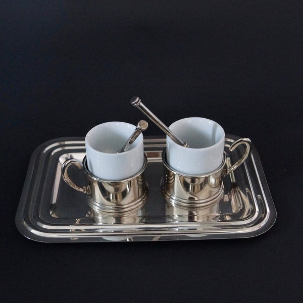 Vintage, Service à café tête à tête, en métal argenté et faïence blanche / Coffee service for two