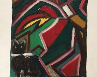 Modern School, Cat sitting, Oil on canvas, signed "BLERIOT" - 46 x 38 cm