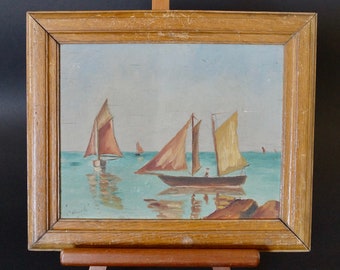 Marine du début du XXe siècle, huile ou gouache sur panneau encadré, 18,8 x 23,5 cm sans le cadre