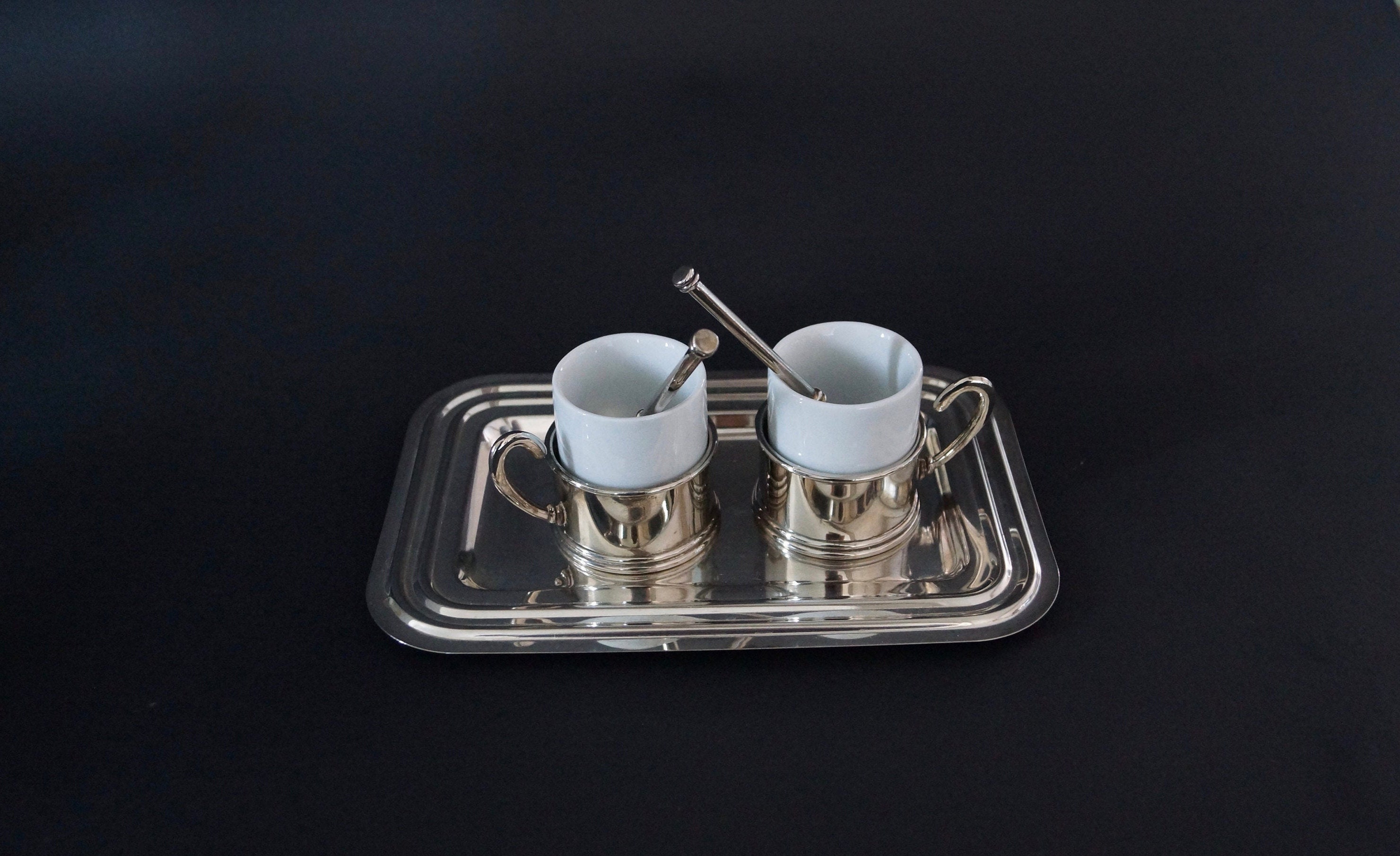 Vintage, Service à Café Tête Tête, en Métal Argenté et Faïence Blanche/Coffee Service For Two