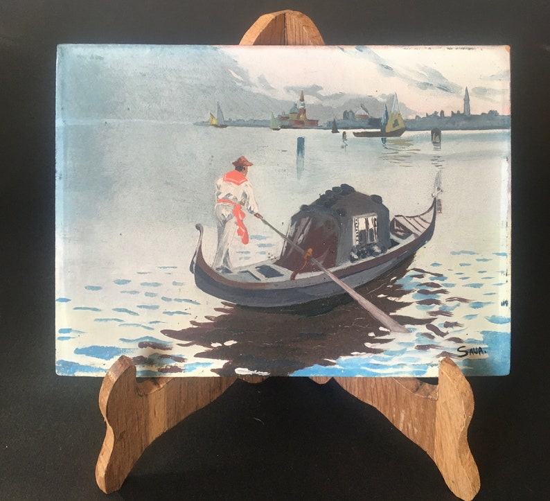 signed SAVA Modern School Gondolier in Venice signed SAVA Venitian Boat on the lagoon Modern School Gouache or oil on isorel