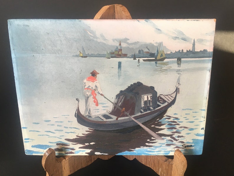 signed SAVA Modern School Gondolier in Venice signed SAVA Venitian Boat on the lagoon Modern School Gouache or oil on isorel
