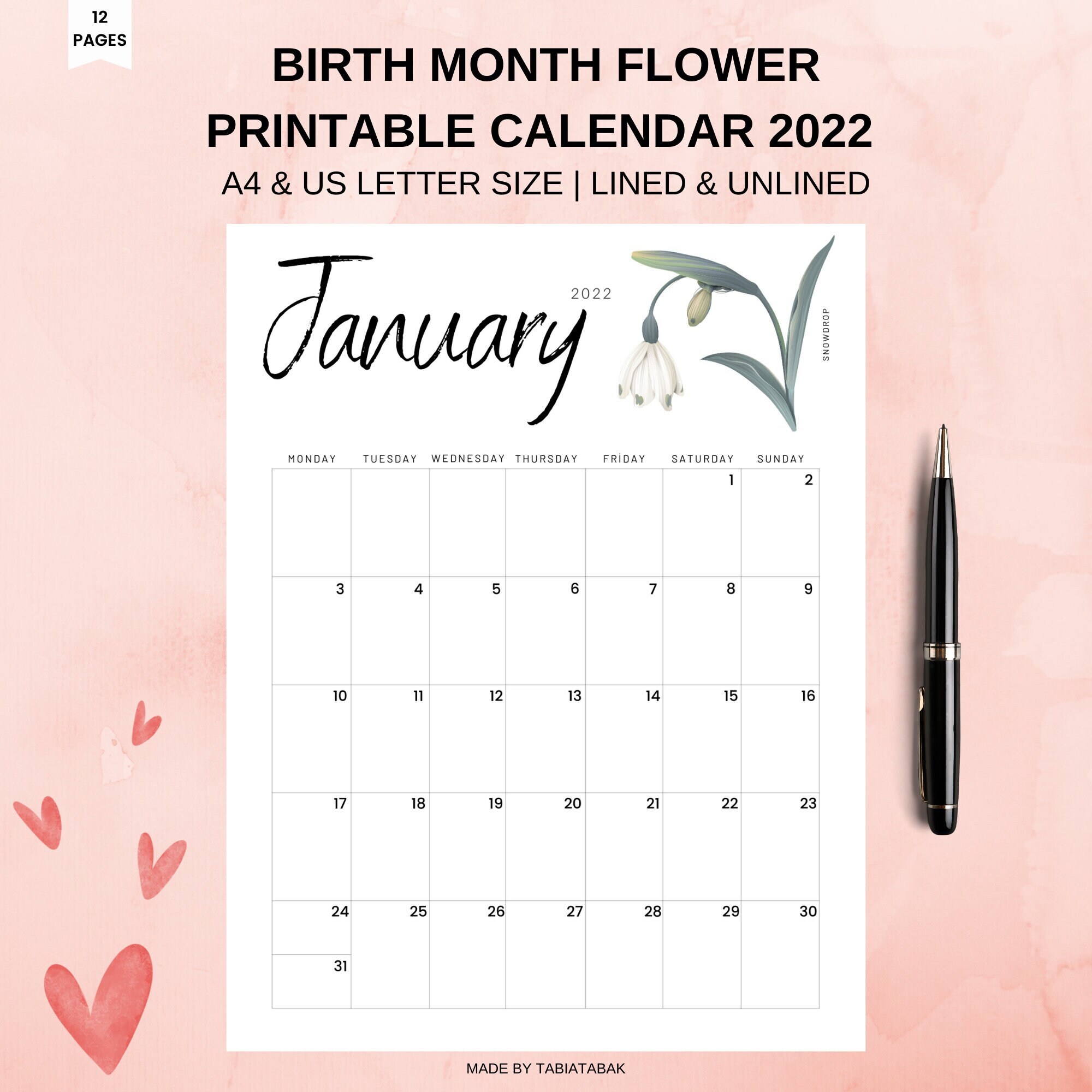 Painting Art & Collectibles 2022 watercolor floral calendar flower