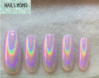 Unicorn Mirror Effect Glitter Powder Press on nails | Baby Pink Kawaii | Faux Nails