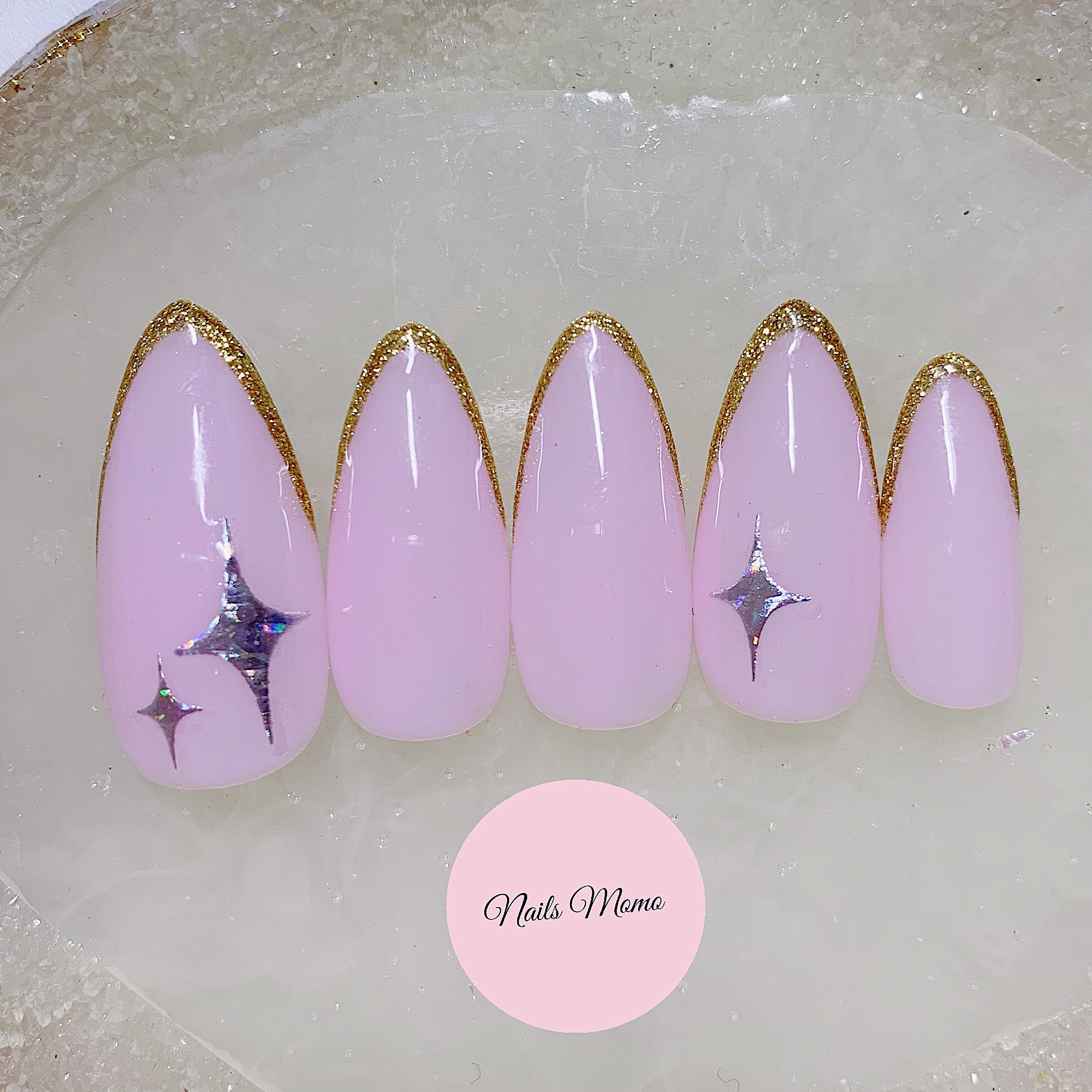 Holographic Stars Press on Nails Pink X Gold French - Etsy