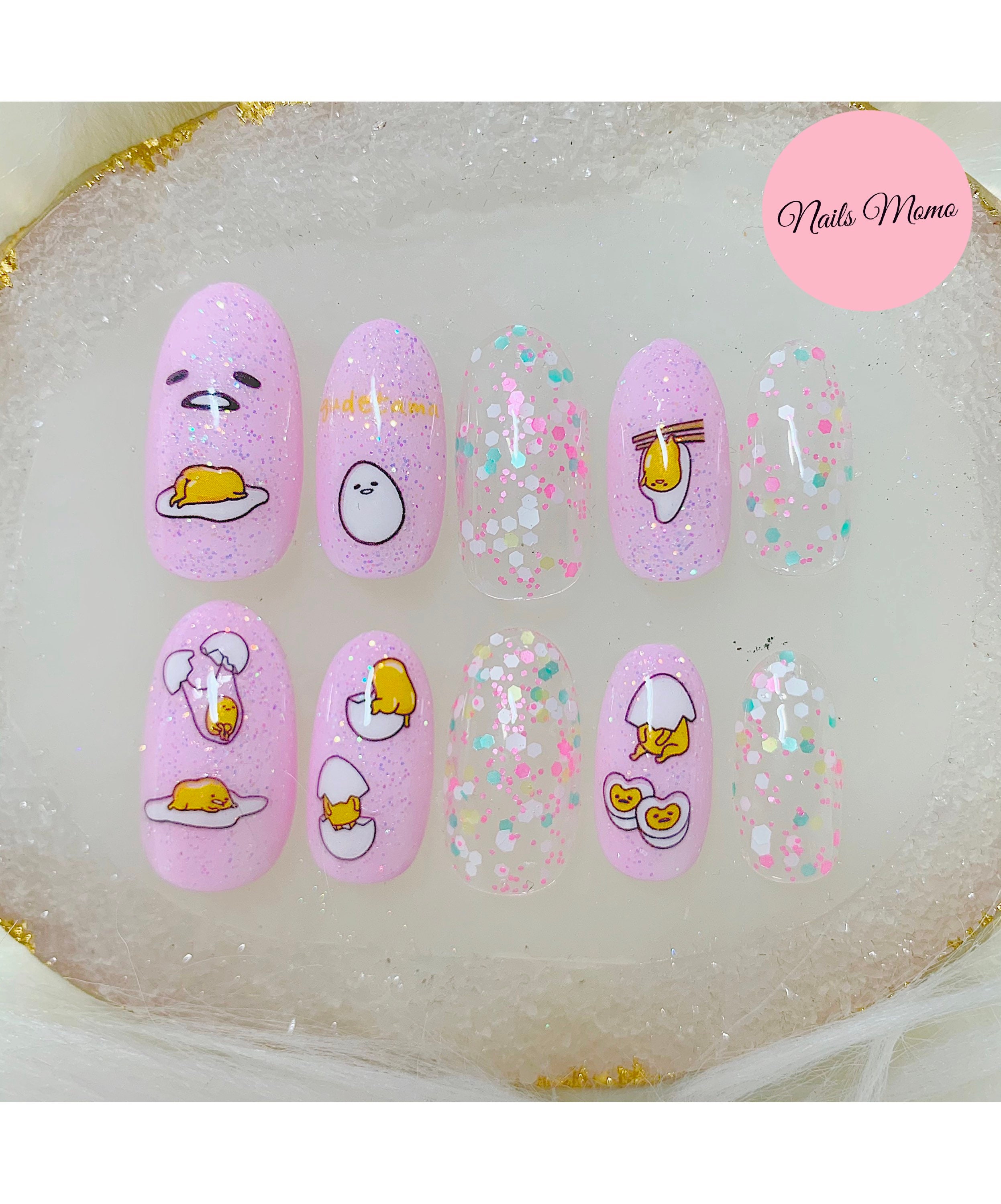 Egg X Pink Glitter Holographics Press on Nails Kawaii Japanese - Etsy