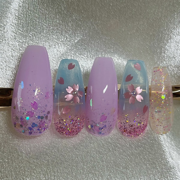 Pink and Blue Ombre Cherry Blossom Press On Nails, Sakura Holographic, Glitters, Transparent, Lavender, Set of 10