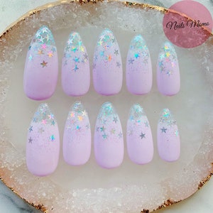 Star sparkly laser holographic glitter press on nails baby pink lavender coffin long fake nails false nails