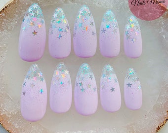 Star sparkly laser holographic glitter press on nails baby pink lavender coffin long fake nails false nails