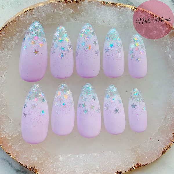 Star sparkly laser holographic glitter press on nails baby pink lavender coffin long fake nails false nails