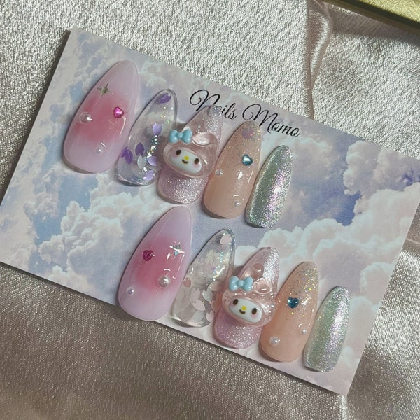 Cherry Blossom Holographic Press On Nails Kawaii Japanese Melody Bunny Sakura