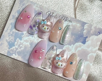 Cherry Blossom Holographic Press On Nails Kawaii Japanese Melody Bunny Sakura