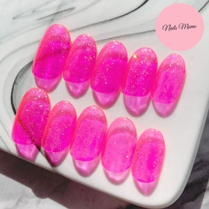 Neon Pink Transparent Press On Nails | Aurora Glitter