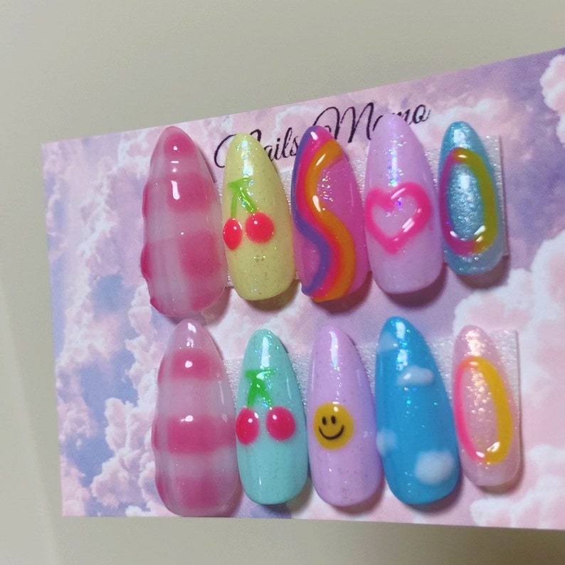 Pukkuri 3D Gelly Press on Nails Smiley Checkered Y2K Clouds - Etsy