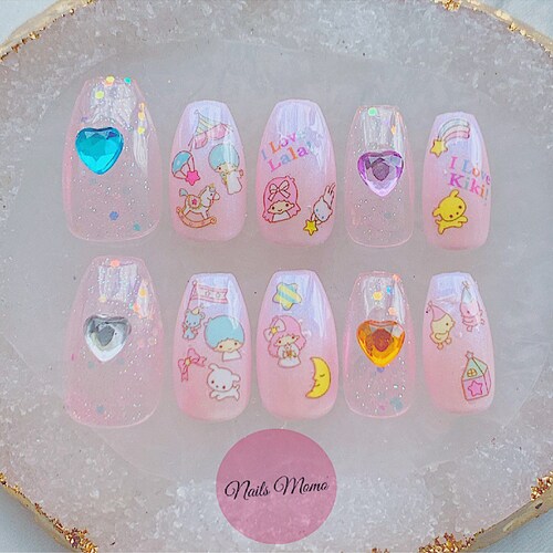 Aurora Pink x Bijou Heart Press On Nails Kawaii twin stars