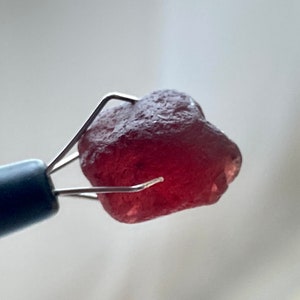 May include: A deep red gemstone held in a metal tweezer. The gemstone is rough and has a natural, unpolished look.