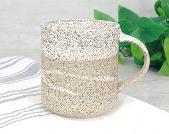 Coffee Mug, Tea Mug: White/Speckle with Trailing, 12 - 14 oz, Handmade, Stoneware