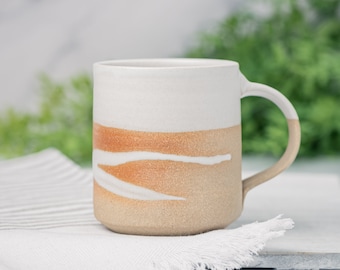 Coffee Mug, Tea Mug: White/Sandy with Trailing, approximately 12 -14 oz, Stoneware, Handmade