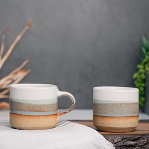 One Espresso/Cortado Cup (with or without handle): Brown-GreyBlue/White, 4-5.5 oz, stoneware