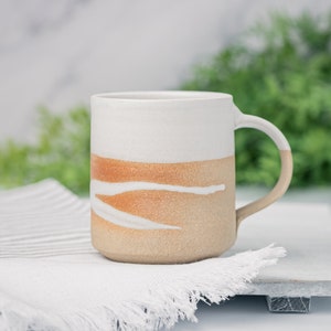 Coffee Mug, Tea Mug: White/Sandy with Trailing, approximately 12 -14 oz, Stoneware, Handmade