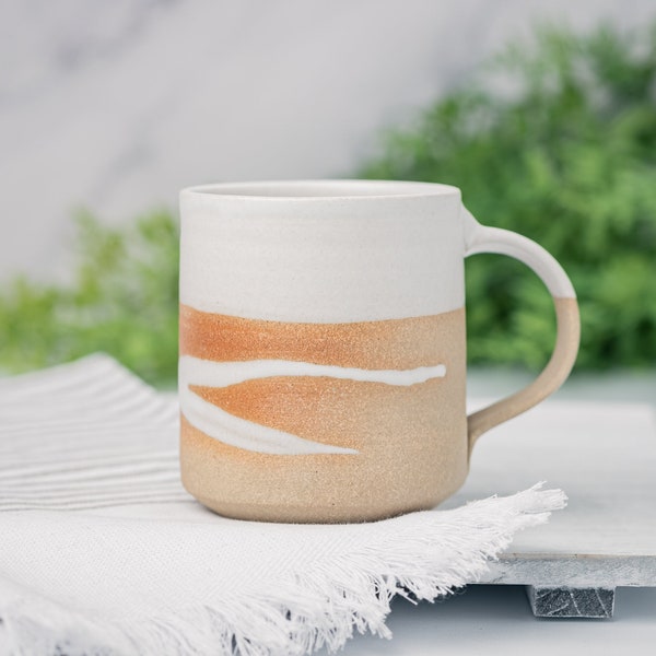 Coffee Mug, Tea Mug: White/Sandy with Trailing, approximately 12 -14 oz, Stoneware, Handmade