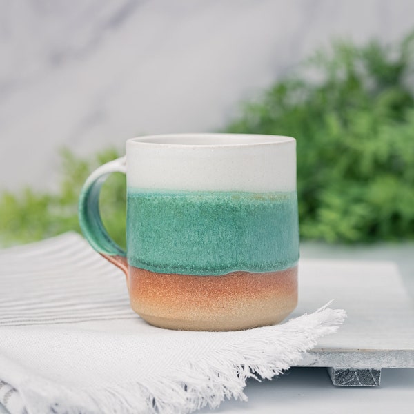Coffee Mug, Tea Mug: White/Green, 12 - 14 oz, Stoneware, Handmade