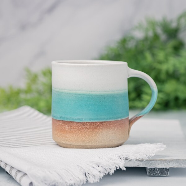 Coffee Mug, Tea Mug: Turquoise Blue/White, 12 - 14 oz, Stoneware, Handmade