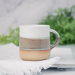 Coffee Mug, Tea Mug: White/Brown-GreyBlue, 12 14 oz, Stoneware, Handmade image 1