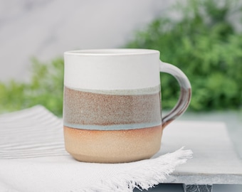 Coffee Mug, Tea Mug: White/Brown-GreyBlue, 12 - 14 oz, Stoneware, Handmade