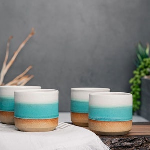 One Espresso/Cortado Cup with or without handle: Turquoise/White, 4 5.5 oz, Handmade, Stoneware image 5