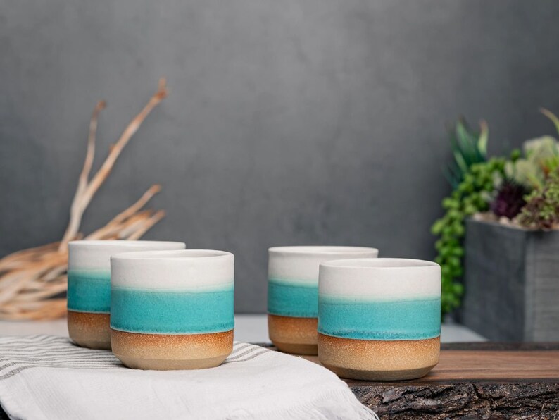 One Espresso/Cortado Cup with or without handle: Turquoise/White, 4 5.5 oz, Handmade, Stoneware image 5