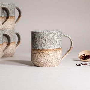 Ceramic Coffee Tea Mug Speckled Blue-Grey White 14 oz Earthy Rustic Modern Aesthetic Unique Pottery Contemporary Dinnerware Gift