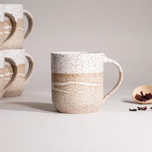 Ceramic Coffee Tea Mug Speckled White with Trailing 14 oz Earthy Rustic Modern Aesthetic Unique Pottery Contemporary Dinnerware