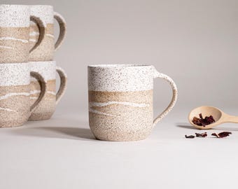 Tasse café thé en céramique blanc moucheté avec fuite 14 oz terreux rustique moderne esthétique poterie unique vaisselle contemporaine