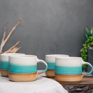 One Espresso/Cortado Cup with or without handle: Turquoise/White, 4 5.5 oz, Handmade, Stoneware image 3