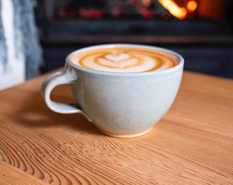 Taza de capuchino, taza de café con leche: azul claro/blanco, 10-12 oz, cerámica