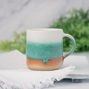 Coffee Mug, Tea Mug: White/Green, 12 14 oz, Stoneware, Handmade image 2