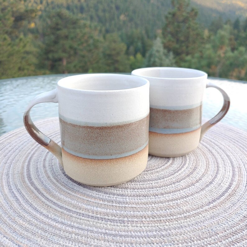 Coffee Mug, Tea Mug: White/Brown-GreyBlue, 12 14 oz, Stoneware, Handmade image 9