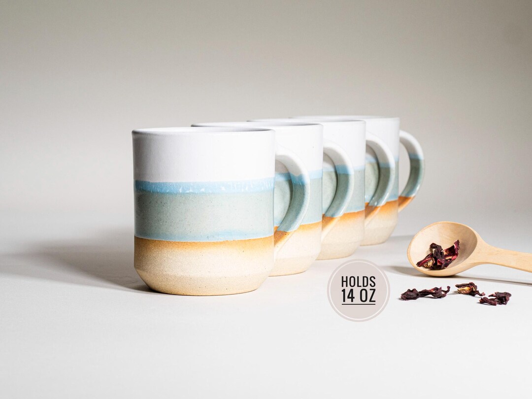 Set of 4 Ceramic Coffee Tea Mugs Light Blue White 14 Oz Earthy Rustic ...