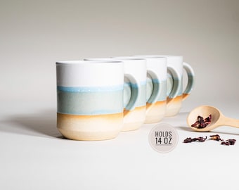 Juego de 4 tazas de cerámica para café y té, color azul claro y blanco, 14 oz, terroso, rústico, moderno, estético, único, cerámica, vajilla contemporánea, decoración, regalo