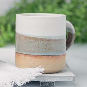 Coffee Mug, Tea Mug: White/Brown-GreyBlue, 12 14 oz, Stoneware, Handmade image 3