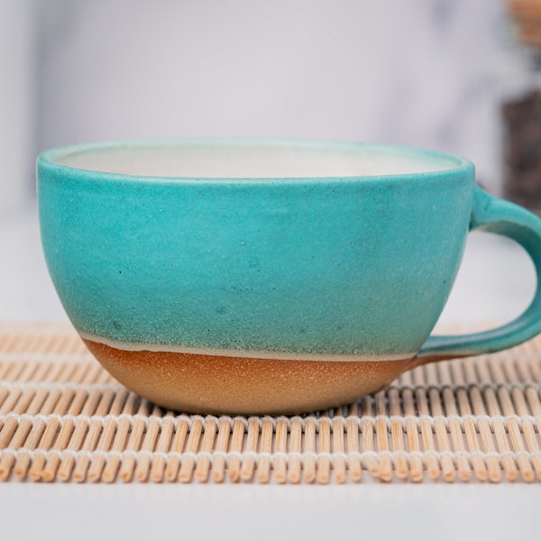 Cappuccino Cup, Latte Cup: Turquoise/White, approximately 8-10 oz, Stoneware, Handmade