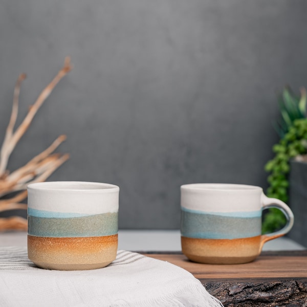 One Espresso/Cortado Cup (with or without handle): Blue-Grey/White, 4-5.5 oz, Handmade, Stoneware