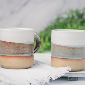 Coffee Mug, Tea Mug: White/Brown-GreyBlue, 12 14 oz, Stoneware, Handmade image 6