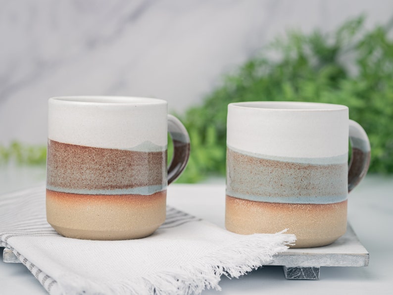 Coffee Mug, Tea Mug: White/Brown-GreyBlue, 12 14 oz, Stoneware, Handmade image 6