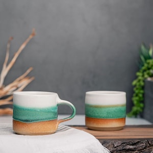 One Espresso/Cortado Cup (with or without handle): Green/White, 4-5.5 oz, Handmade, Stoneware