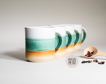 Juego de 4 tazas de café, té, verde y blanco, 14 oz, terroso, rústico, moderno, estético, cerámica única, vajilla contemporánea, decoración, regalo
