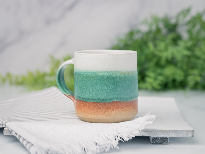 Coffee Mug, Tea Mug: White/Green, 12 14 oz, Stoneware, Handmade image 1