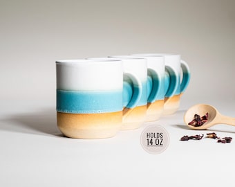 Juego de 4 tazas de café, té y pátina azul y blanca de 14 oz, estilo rústico terroso, moderno, estético, cerámica única, vajilla contemporánea, decoración, regalo