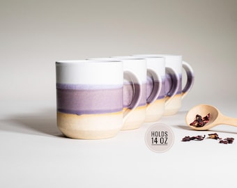 Juego de 4 tazas de café, té y café, color morado y blanco, 14 oz, terroso, rústico, moderno, estético, cerámica única, vajilla contemporánea, decoración, regalo